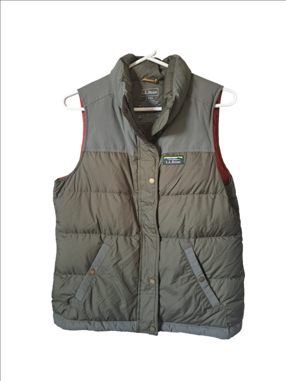 L.L. Bean olive khaki Green down Vest Pertex Down Tek hiking layering coastal SM